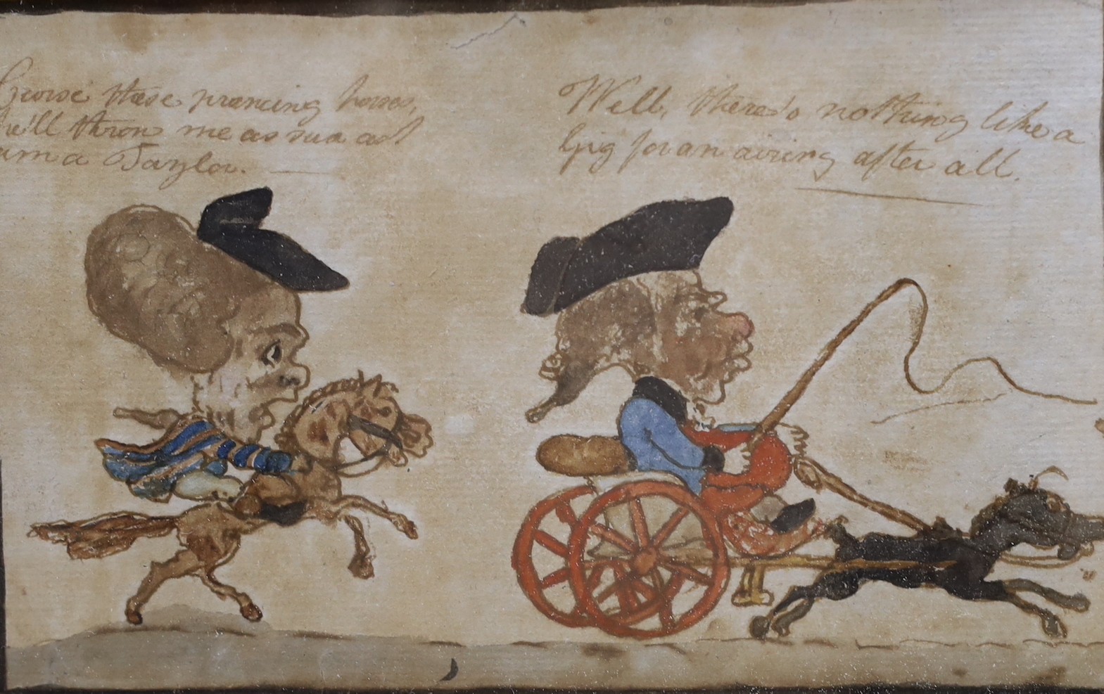 Two 18th century English ink and watercolour caricatures, one initialled Cal, 7.5 x 19.5cm and 11 x 18cm